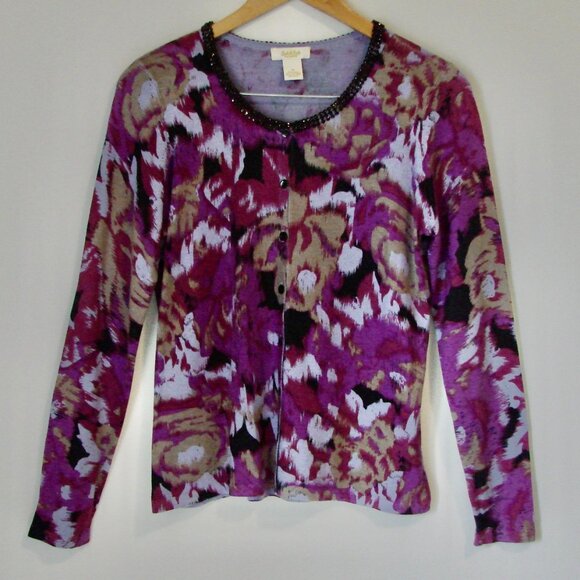 Cashmere Silk Sweater Cardigan Crewneck Preppy Purple Black Rhinestones Medium - Picture 1 of 13